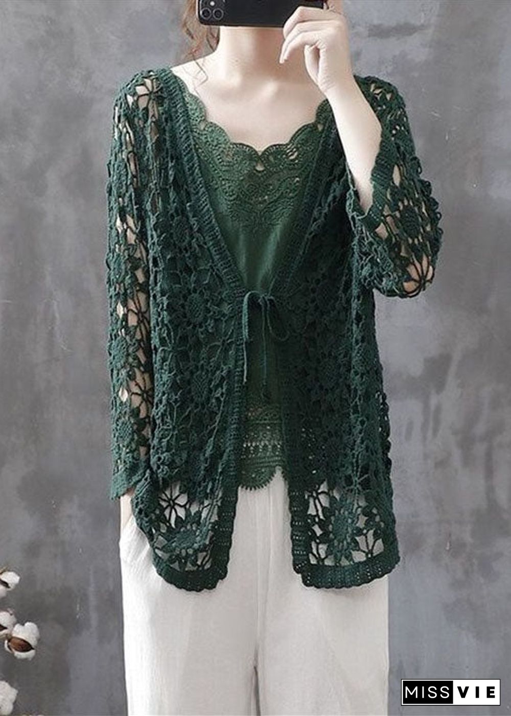 Casual Blackish Green Hollow Out Patchwork Knitting Cotton Cardigan Fall