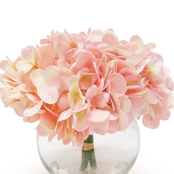 Artificial Hydrangea Flower Arrangement in Round Glass Vase 7in