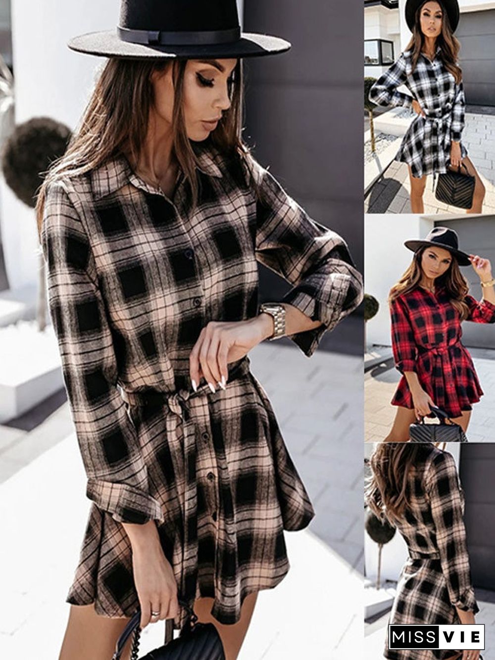 Autumn and Winter Fashion Sexy Printed Shirt Plaid Dress Skirt