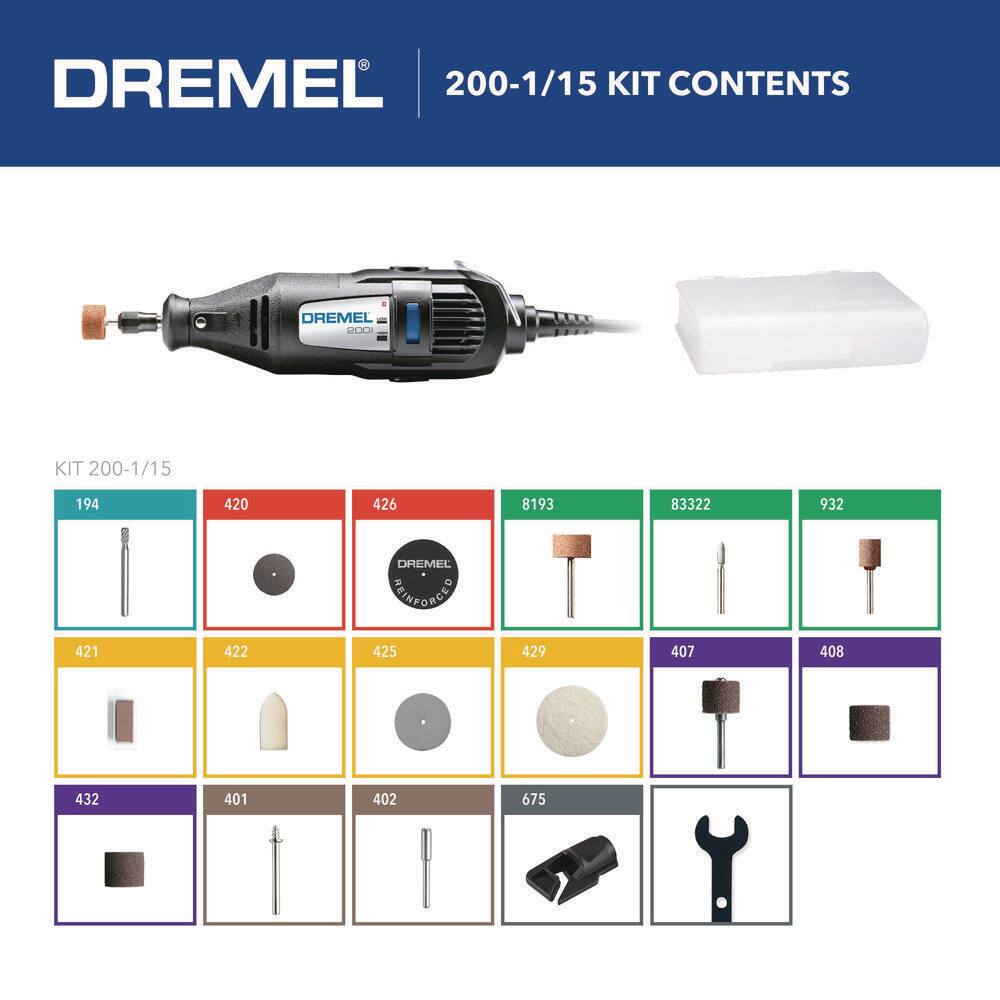 Dremel 200 Series 1.15 Amp Dual Speed Corded Rotary Tool Kit with 15 Accessories and 1 Attachment 200-115