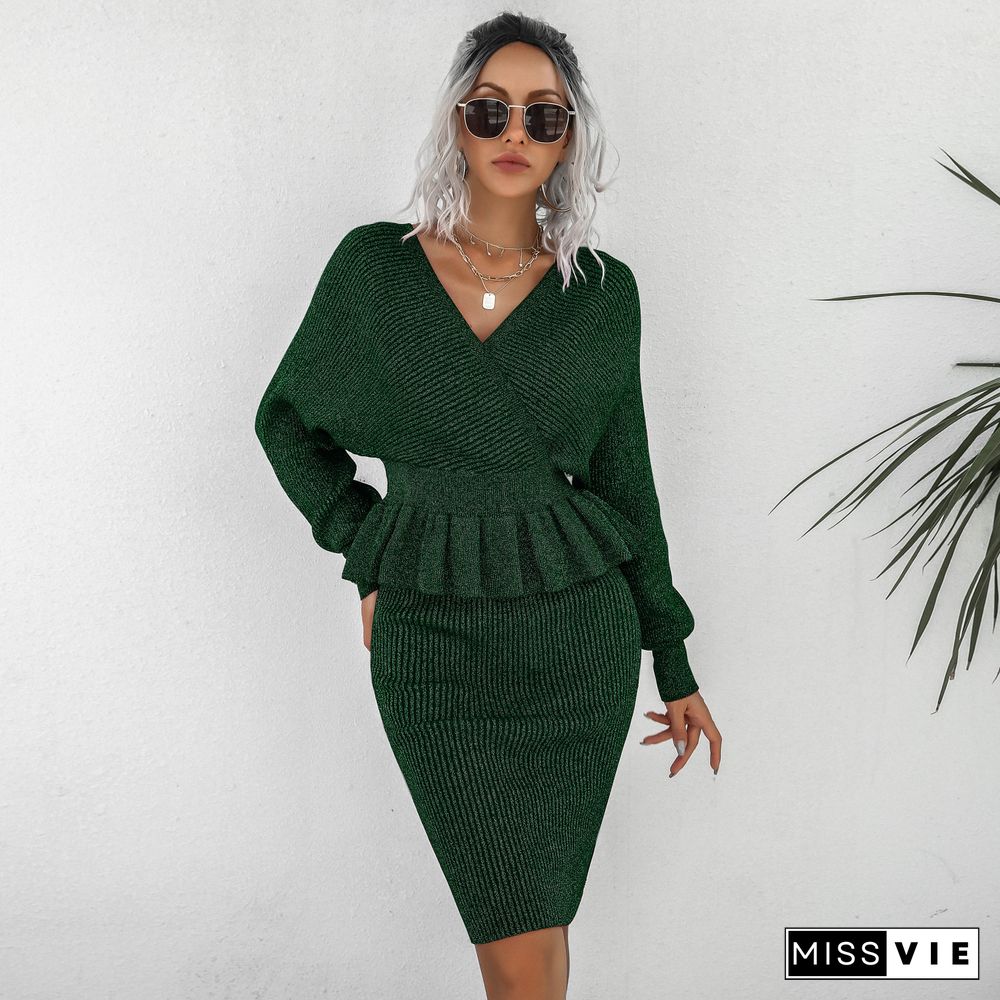 Elegant Black Skirt Sets Women's Autumn And Winter New Fashion Casual V Neck Ruffled Knitted Sweater Skirt Two-piece Suit