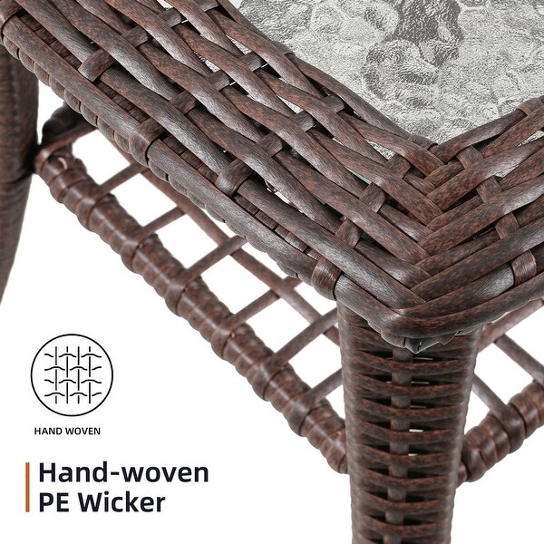 Patio Watcher Outdoor PE Rattan Side Table with 5mm Tempered Glass Top