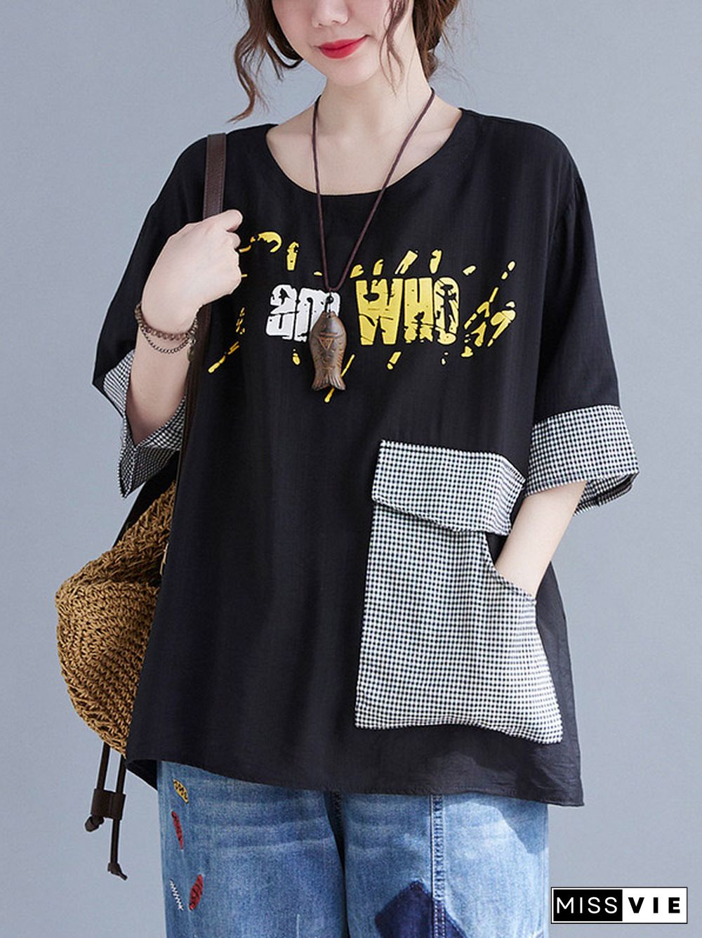 Original Letter Print Split-Joint Round-Neck T-Shirts Tops