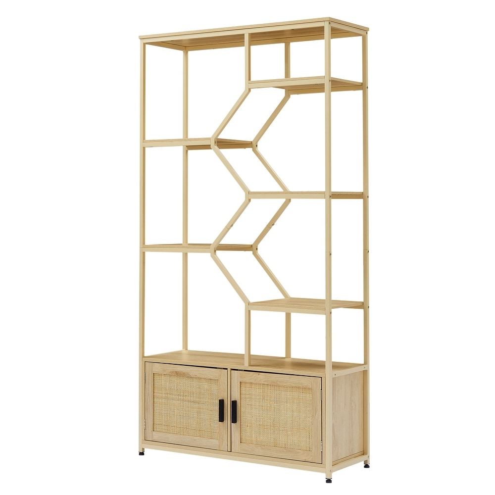 Natural Style Rattan Bookshelf  Plant Stand  7 Tier Bookcase Storage Rack with Cabinet  Display Shelf for Living Room  Office