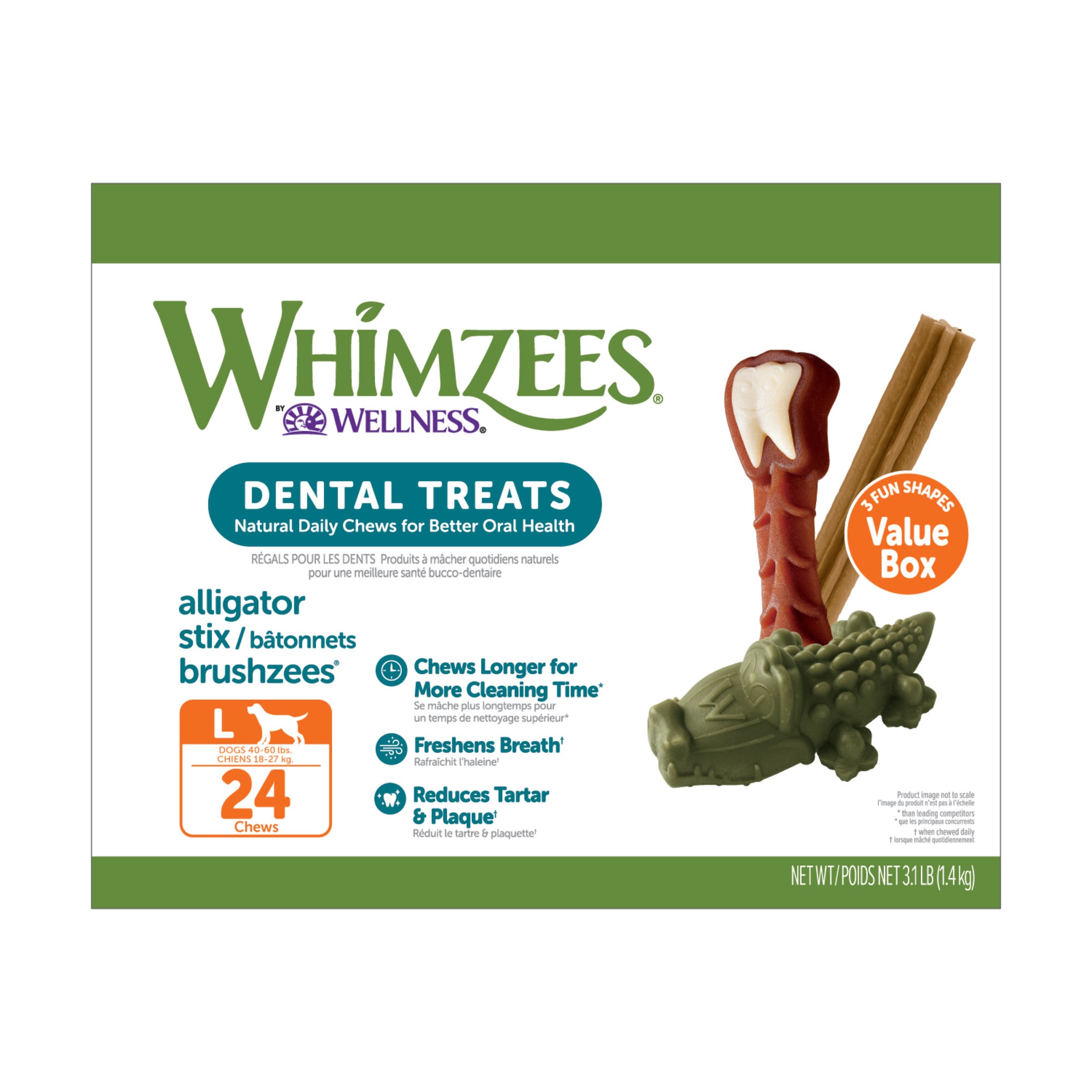 WHIMZEES Large Natural Dental Value Box Dog Treats， 3.1 lbs.， Count of 24