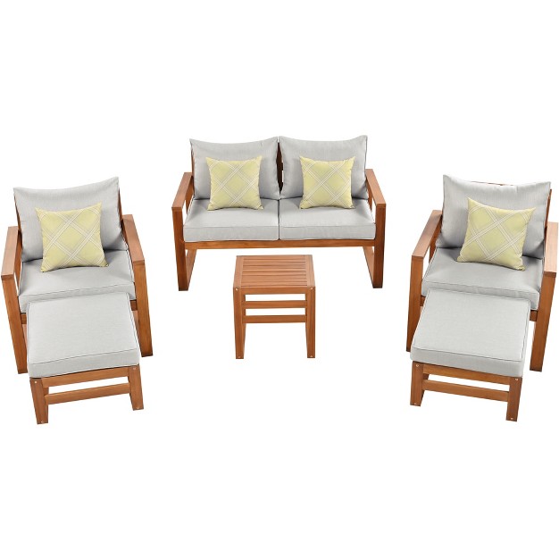 Outdoor Patio Wooden 6 piece Talking Set With Footrest And Cushion For Backyard Poolside Balcony Modernluxe