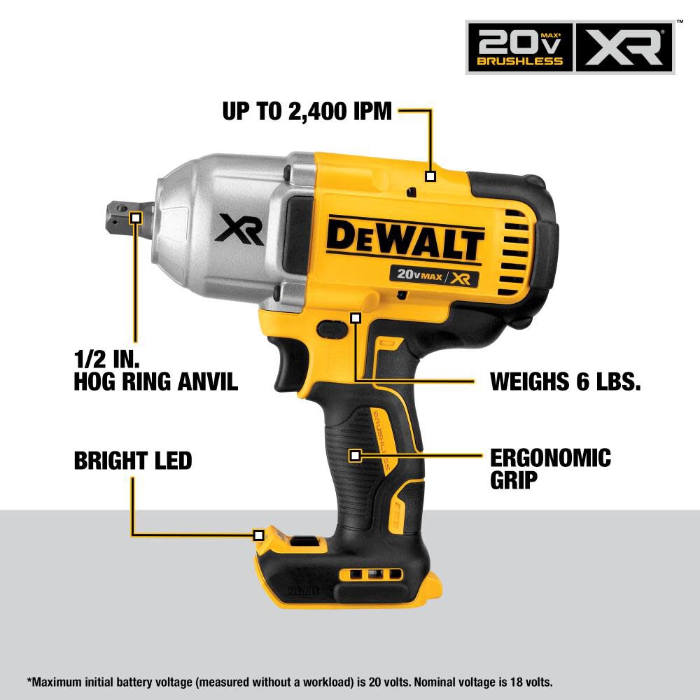 DEWALT 20V MAX XR 1/2" Impact Wrench with Detent Pin Anvil Bare Tool DCF899B from DEWALT