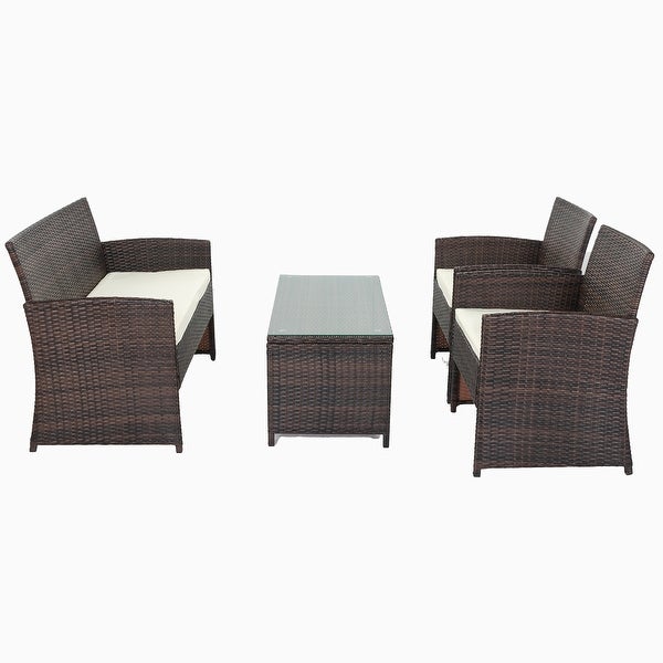 4 Piece Wicker Rattan Outdoor Sofa Set with Beige Cushions and Tempered Glass Coffee Table - Overstock - 37454179