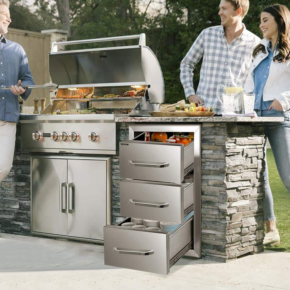 VEVOR 16 in. W x 28.5 in. H x 20.5 in. D Outdoor Kitchen Drawers Stainless Steel Flush Mount Triple BBQ Access Drawers CTG29X16X21.70001V0