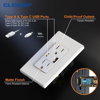 ELEGRP 4.2 Amp Type A  Type C USB Charger Wall Outlet 15 Amp Duplex Tamper Resistant Outlet with Wall Plate White（10 Pack） ER16142AC-0110