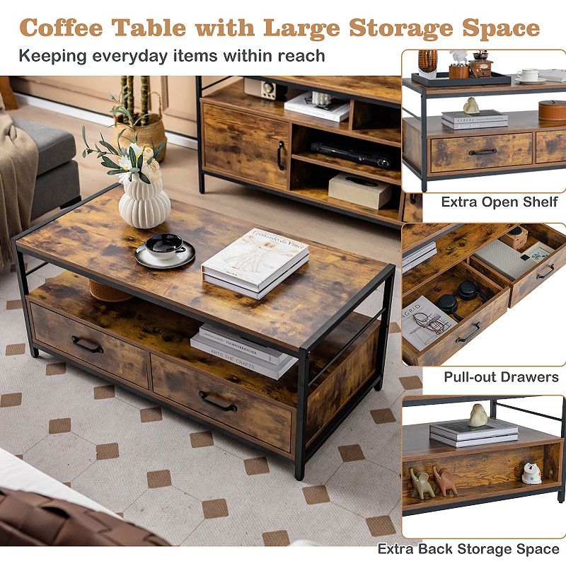 Coffee Table with 2 Drawers and Open Shelf for Living Room-Rustic Brown