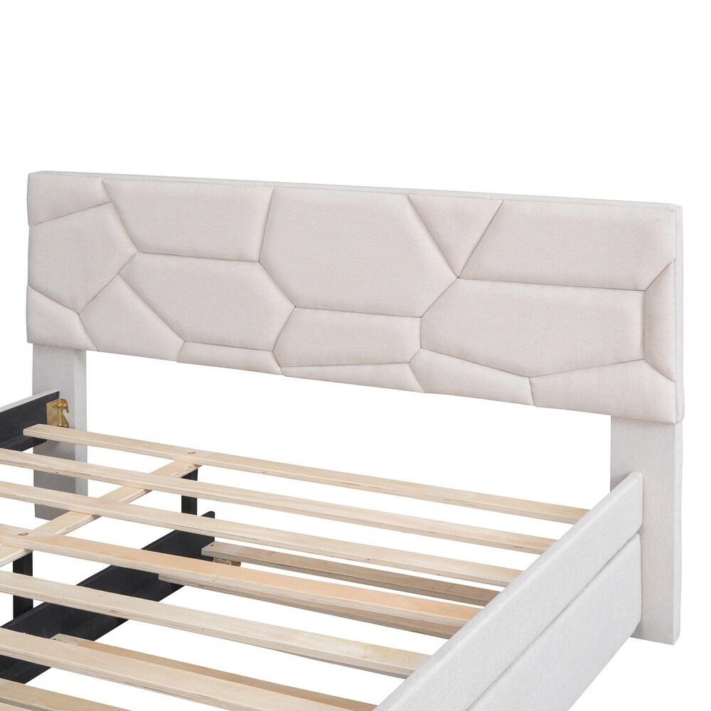 Queen Size Upholstered Platform Bed with Linen Fabric Brick Pattern Headboard and Twin XL Size Trundle Bed Frame