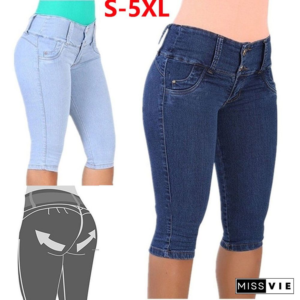 Women Fashion Denim Shorts Summer Slim High Waist Jeans Knee Length Pants Plus Size S-5XL