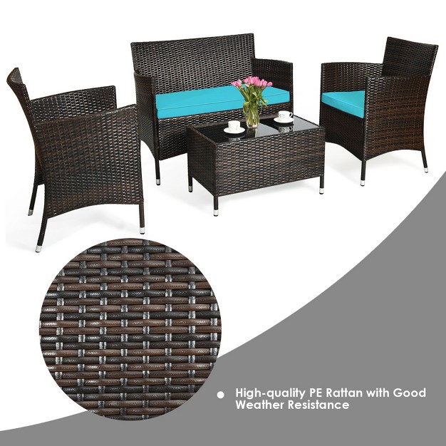 Tangkula 4 Pieces Patio Rattan Conversation Furniture Set Outdoor W Brown amp Turquoise Cushion