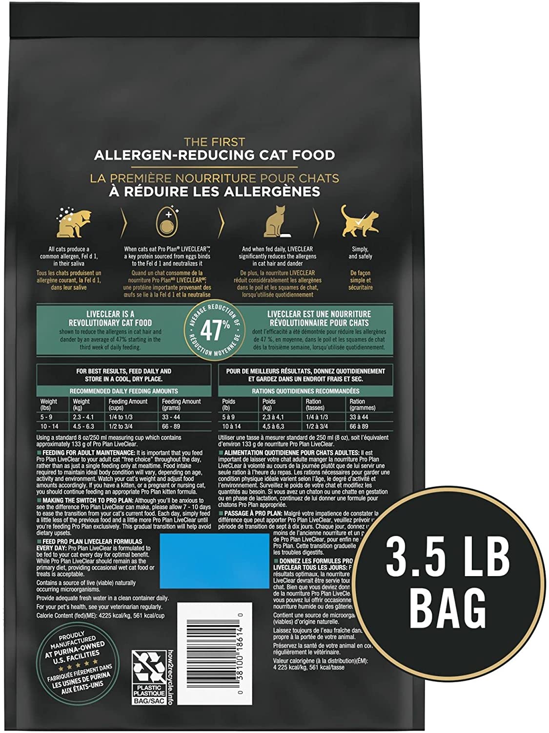 Purina Pro Plan Allergen Reducing， High Protein Dry Cat Food， LIVECLEAR Salmon and Rice Formula - 3.5 lb. Bag