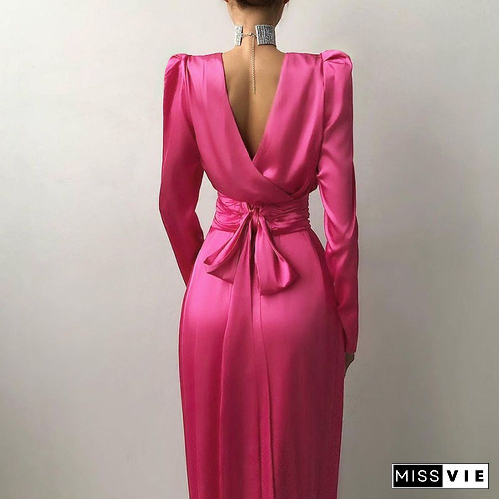 Women Satin Silk Puff Long Sleeve Round Neck Waist Split Hem Long Dress Casual Fashion Party Maxi Dress Plus Size Kleid