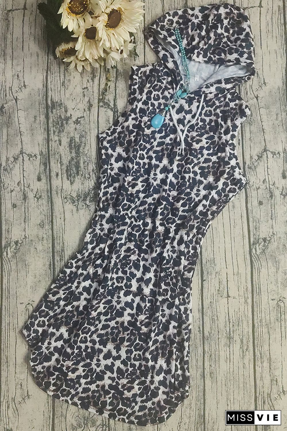 Leopard Sunflower Print Sleeveless Hooded Dress with Pockets