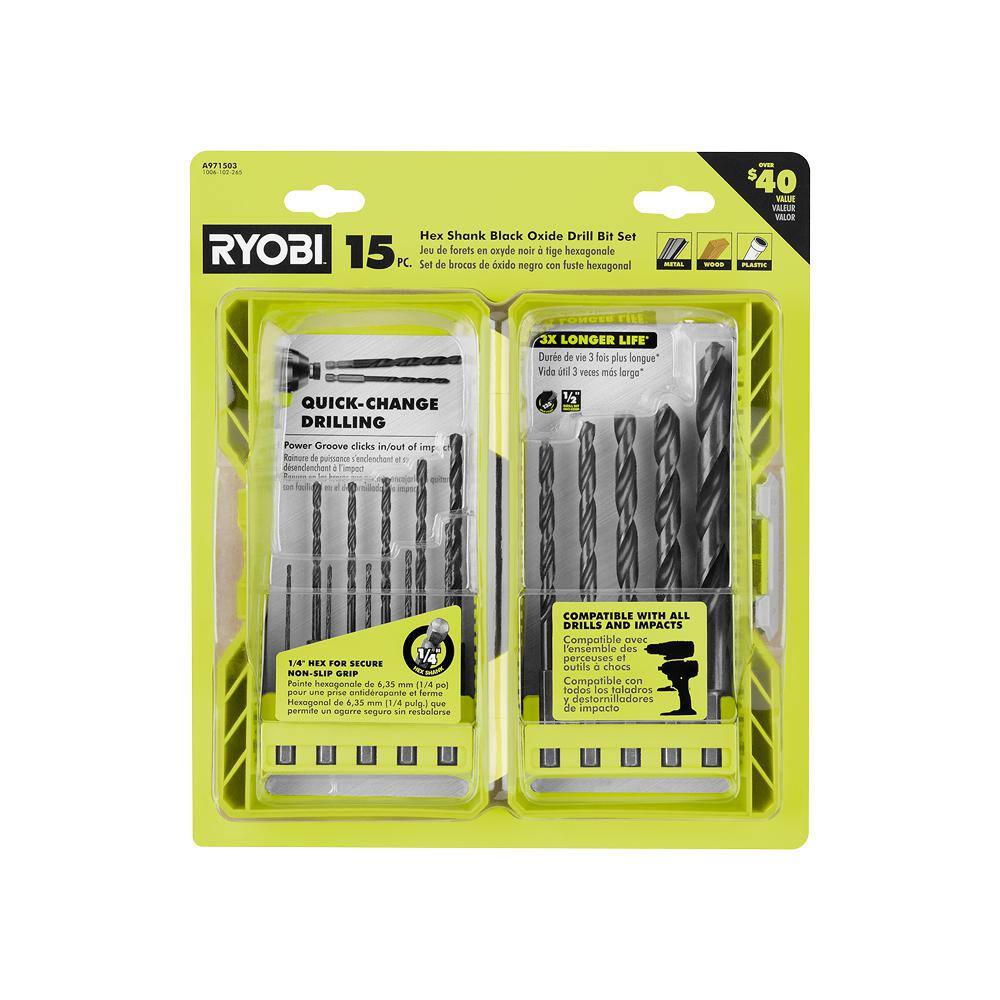 RYOBI Black Oxide Hex Shank Twist Drill Bit Set (15-Piece) A971503