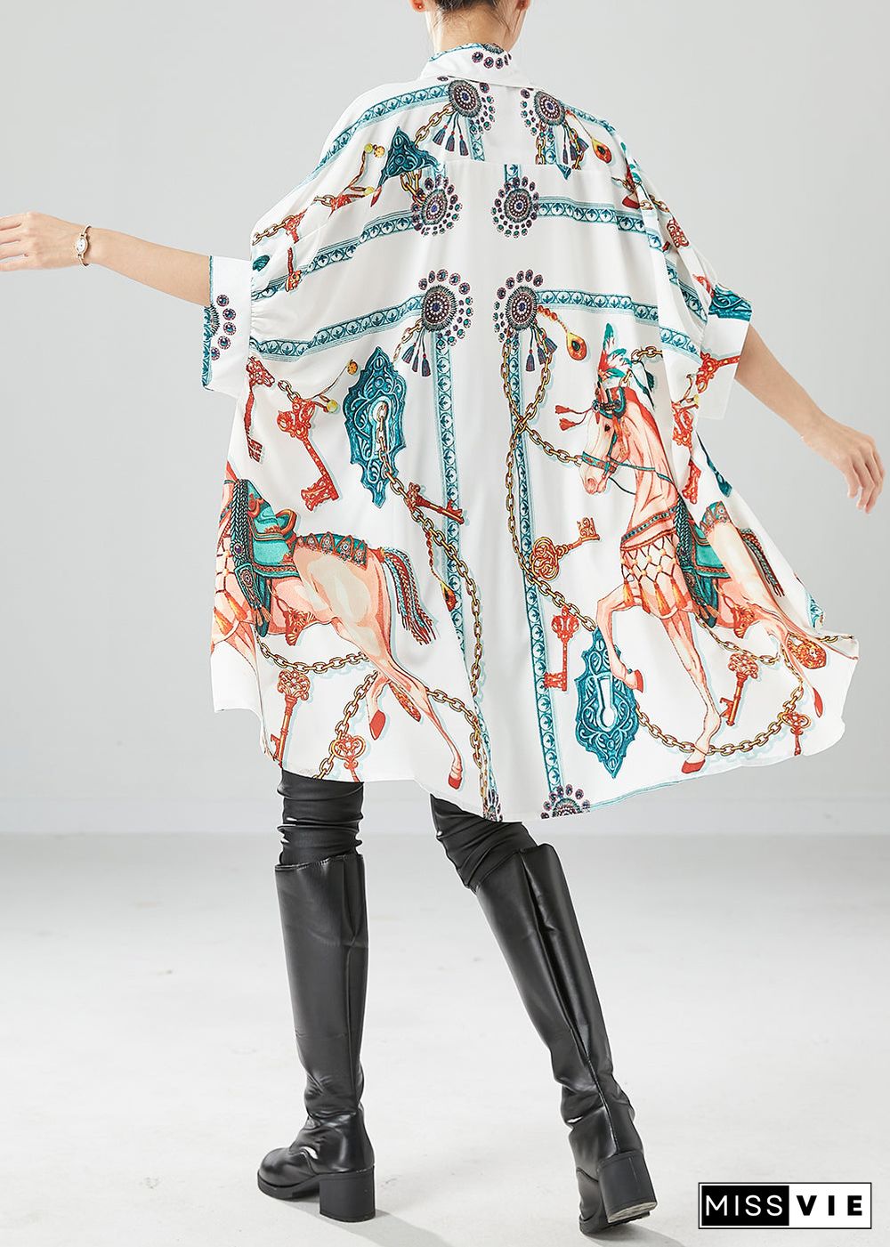 Fine White Oversized Print Silk Maxi Dresses Batwing Sleeve