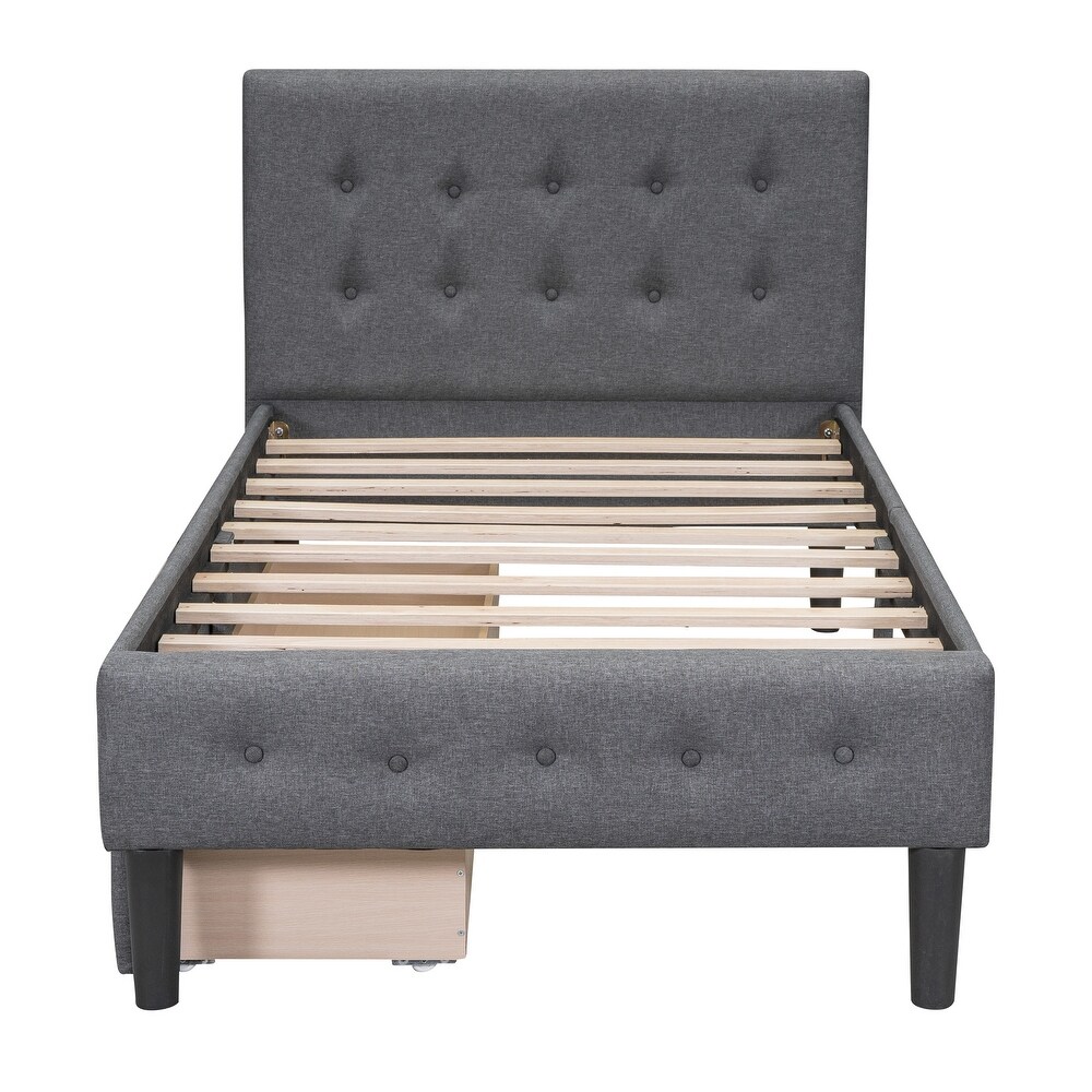 Solid   Sturdy Twin Size Upholstered Platform Bed with 2 Drawers