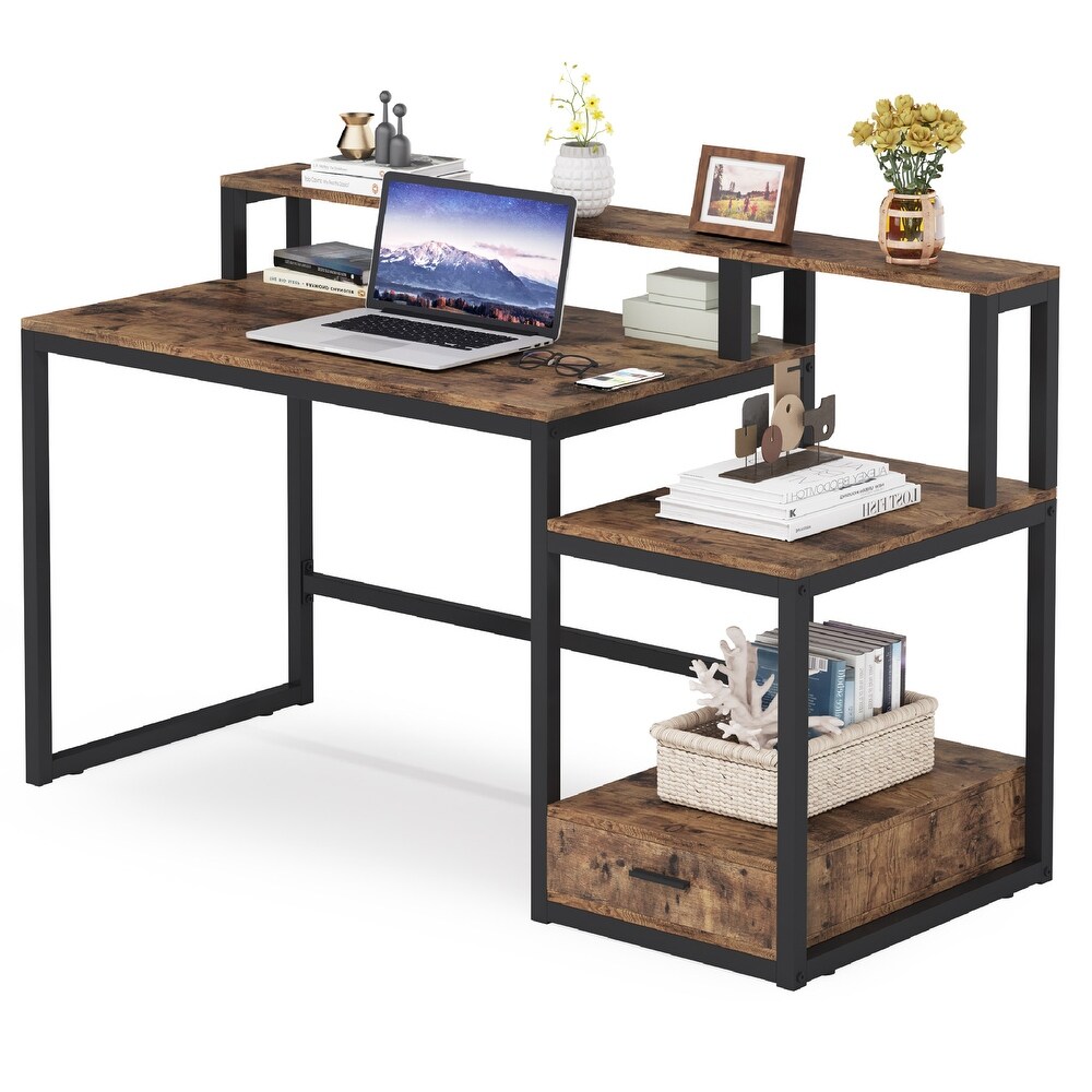 59 Inches Computer Desk with File Drawer and Storage Shelves