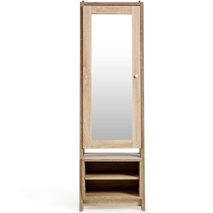 2-in-1 Freestanding Jewelry Mirror Cabinet Wooden Cosmetics Storage Cabinet with Full-Length Mirror and Bottom Storage Rack