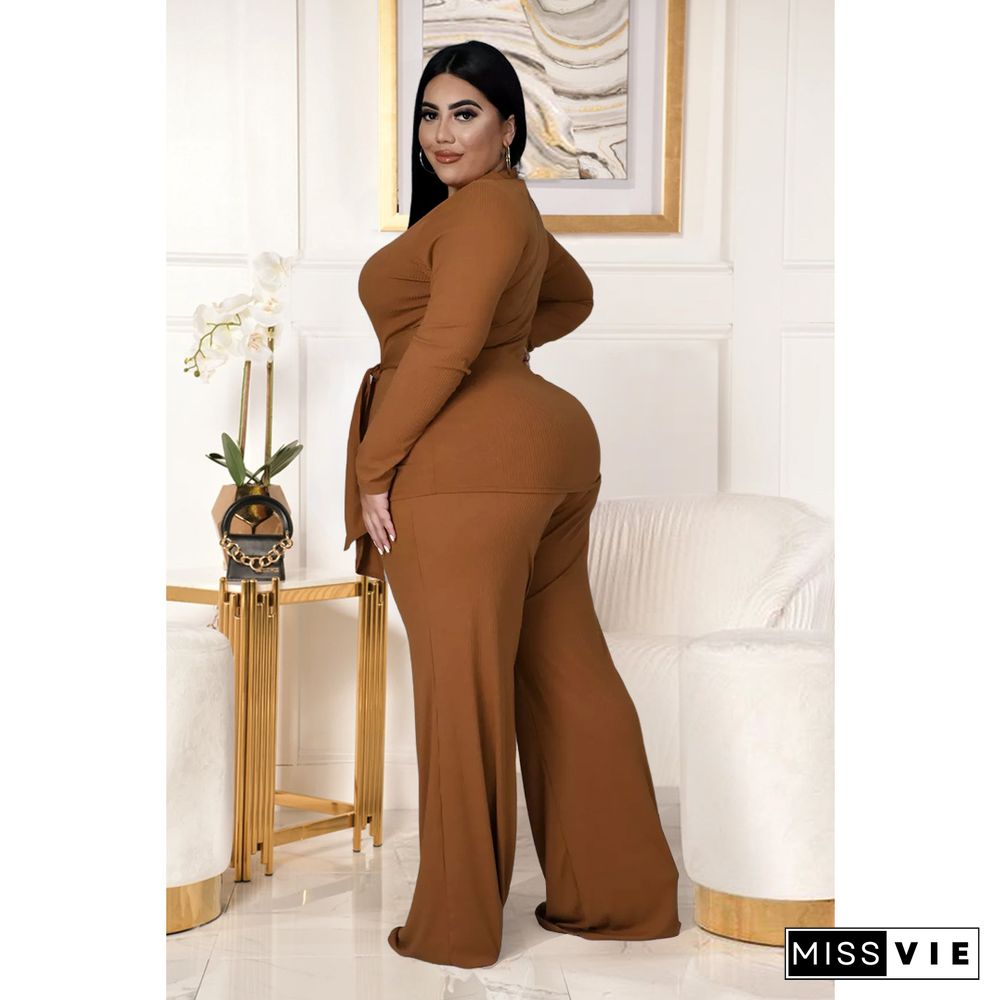 Knitted Bandage T Shirt Wide Leg Pants Plus Size Set