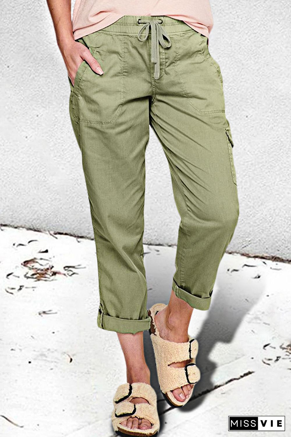 Solid Drawstring Roll Hem Flap Pocket Pants