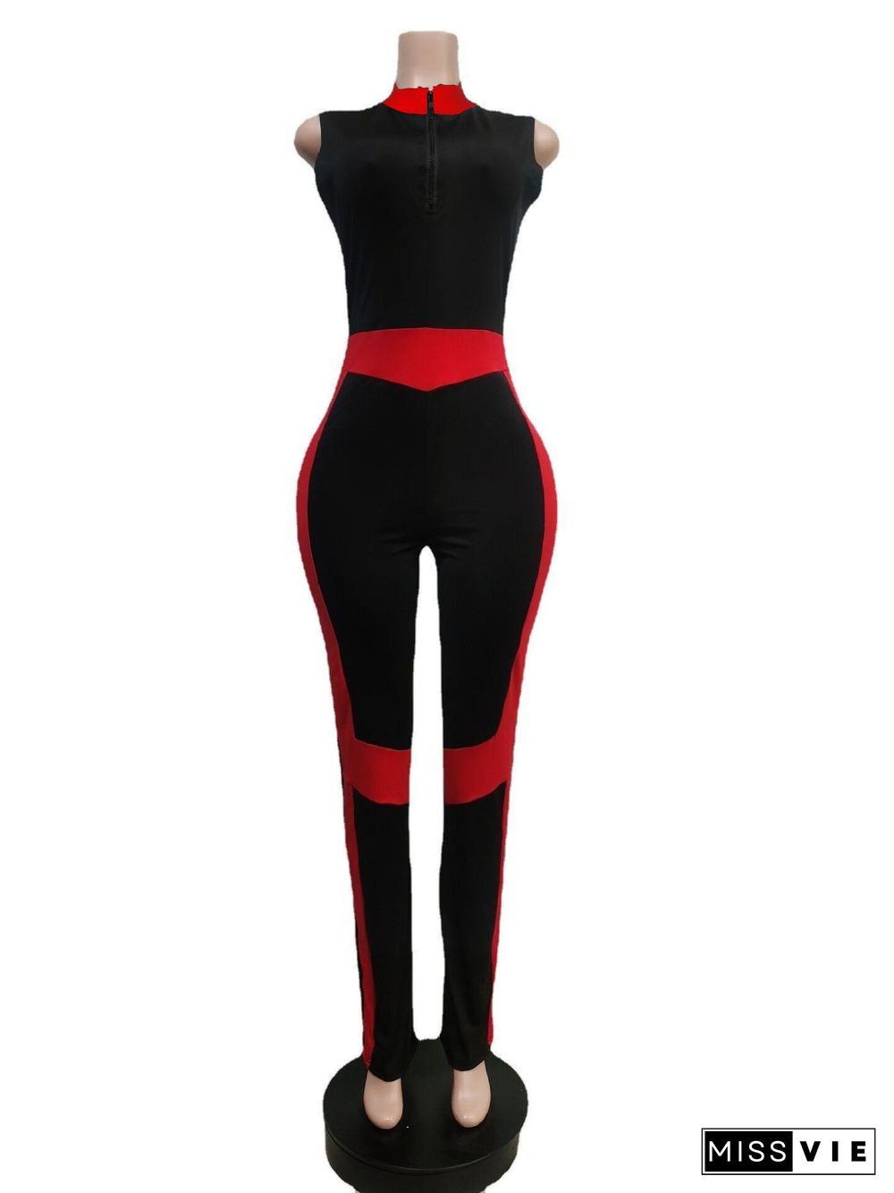 Patchwork Zipper Sleeveless Bodycon Fitness Jumpsuit