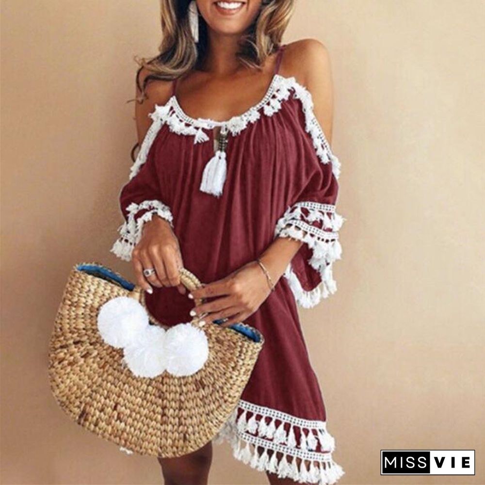 Fashion Summer Women Sexy Tassel Mini Dress Casual Off Shoulder Halter Half Sleeve Vintage Female Dresses 2 Colors