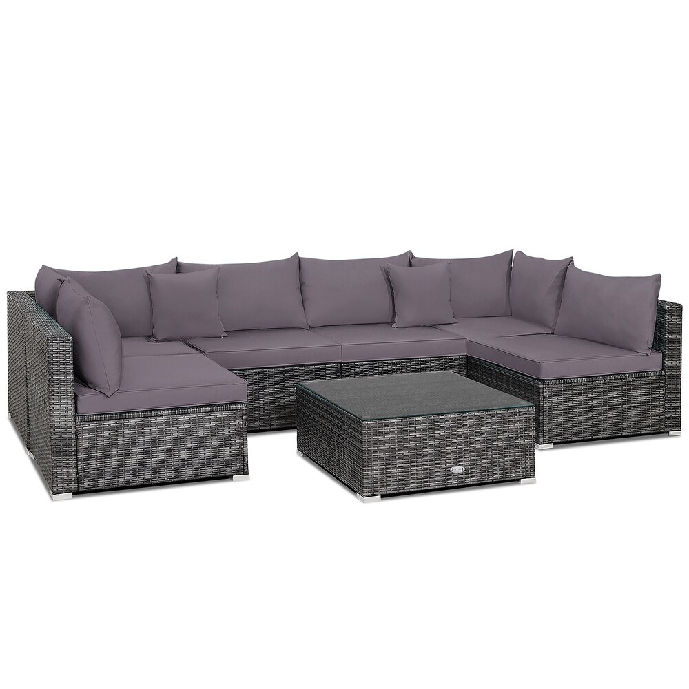 7PCS Patio Rattan Furniture Set Sectional Sofa Cushioned Garden