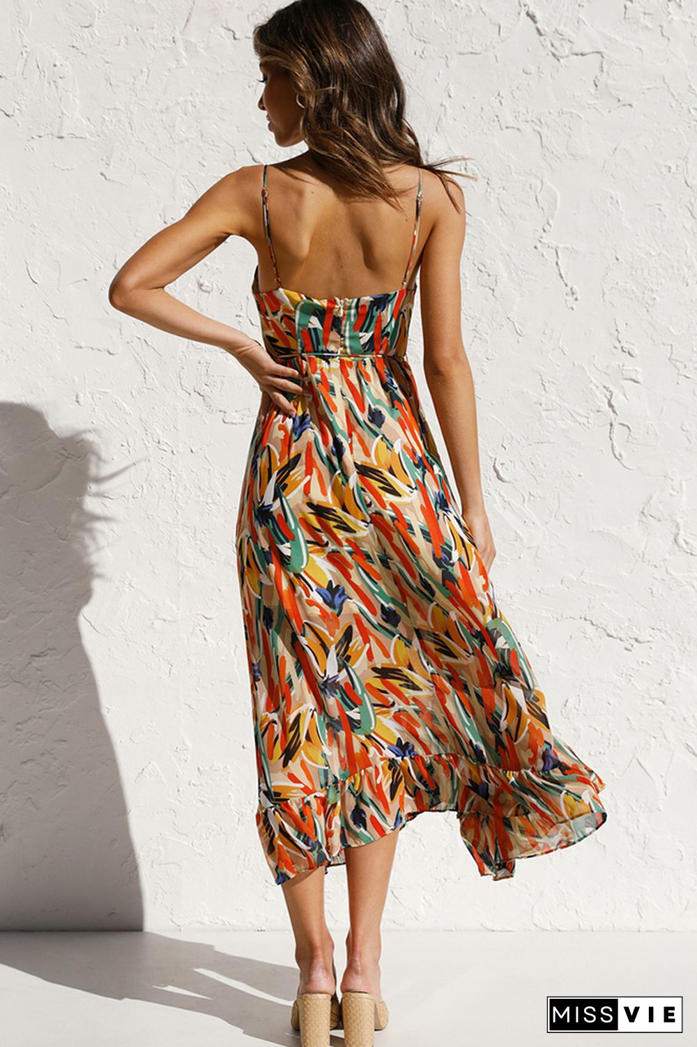 V Neck Halter Print Midi Dress Wholesale