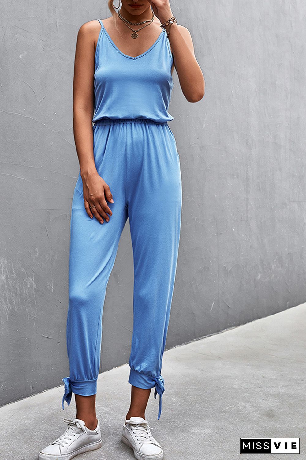 V-Neck Sleeveless Slit Tie Long Jumpsuit Wholesale