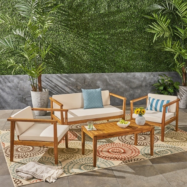 Newbury Outdoor 4Seater Acacia Wood Chat Set with Coffee Table by Christopher Knight Home