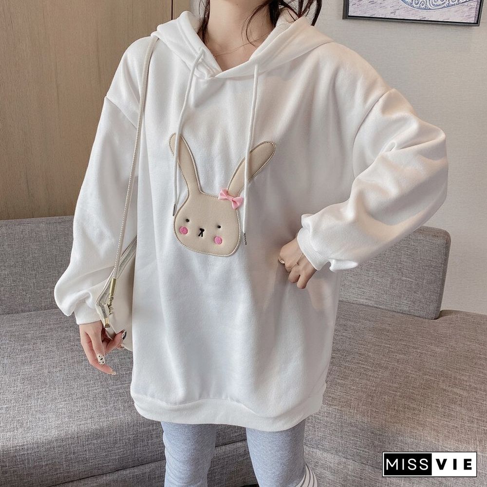 Winter Kawaii Rabbit Hooded Sweatshirt Women Preppy Style White Hoodies Female Oversize Pullover Tops Clothes For Teens