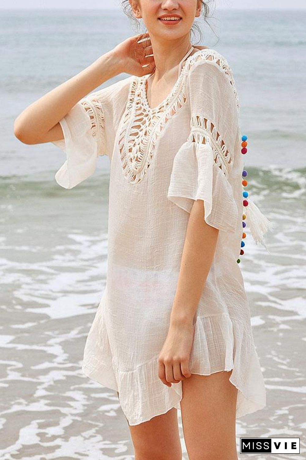 White Crochet Backless Tassel Tied Pom Pom Ruffle Sexy Beach Cover Up Tunic