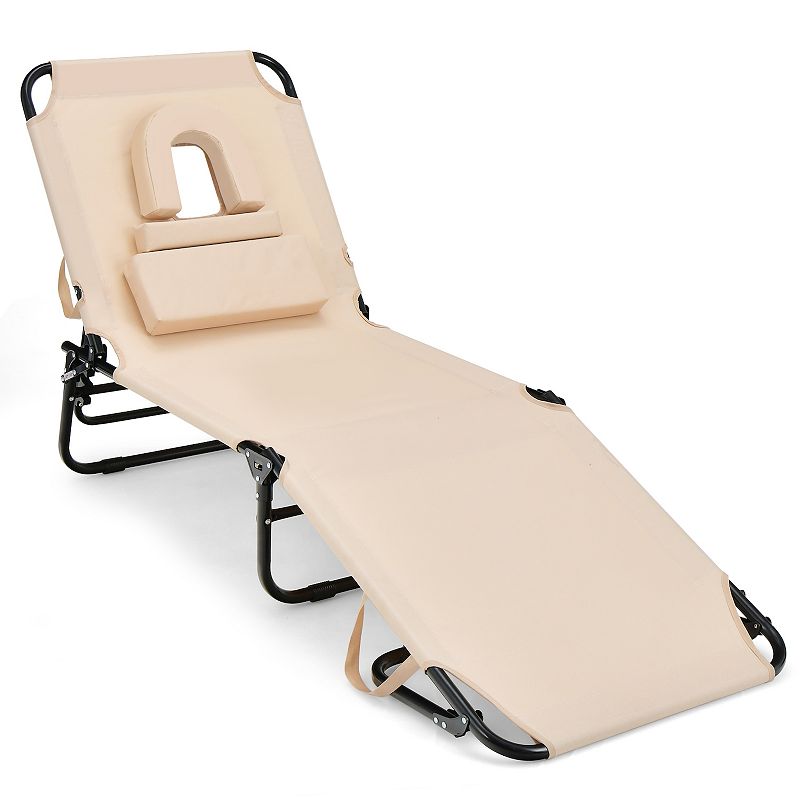 Beach Chaise Lounge Chair with Face Hole and Removable Pillow