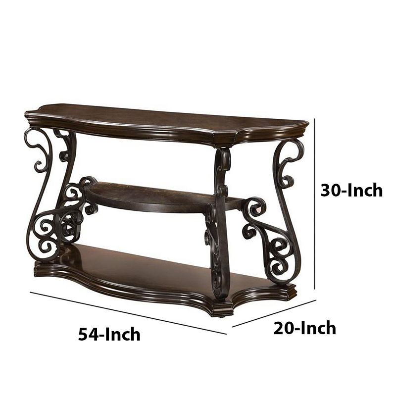 Traditional Solid Sofa Table With Glass Inset， Metal Scrolls and 2 Shelves， Brown