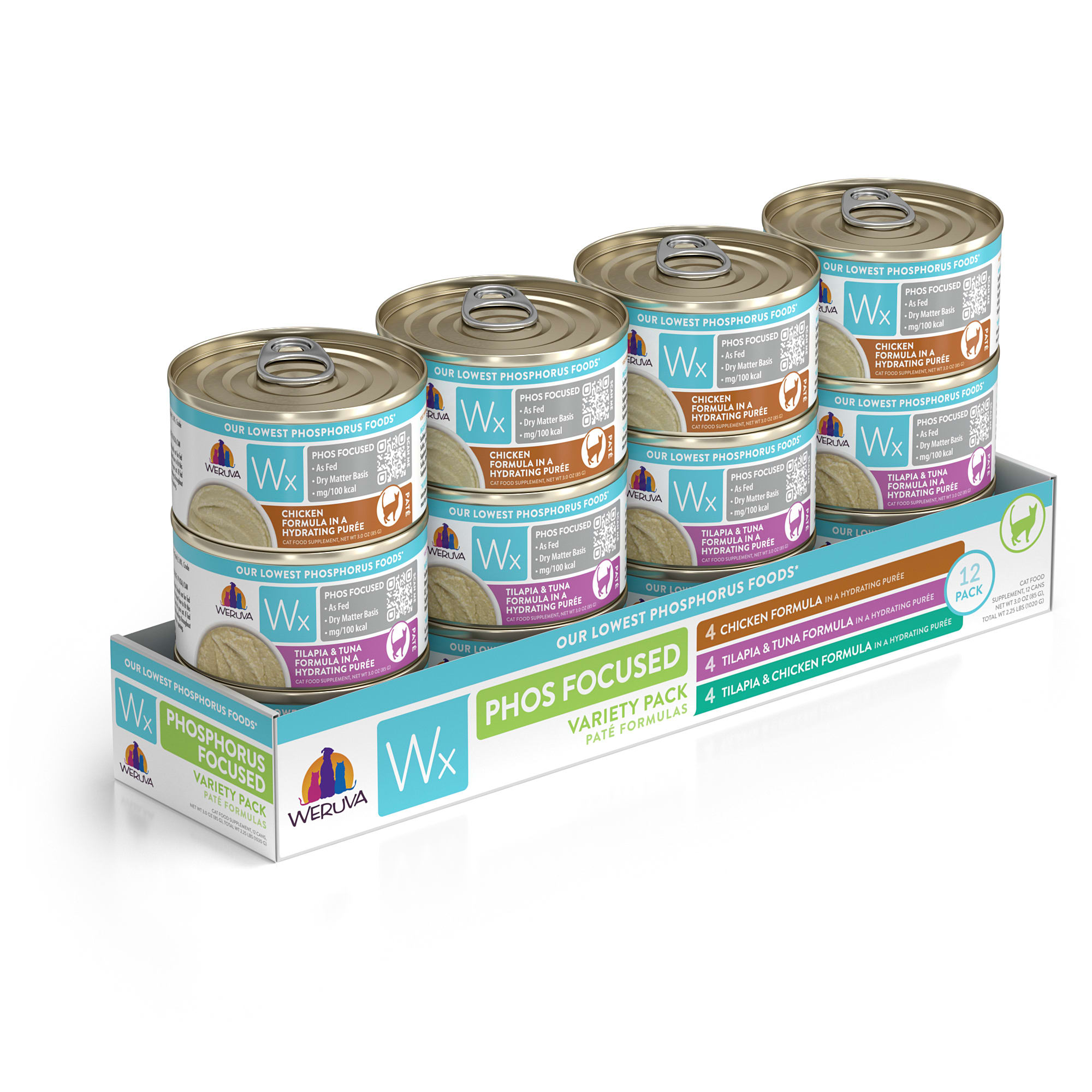 Wx Phos Focused Foods Pate Formulas Variety Pack Wet Cat Food， 3 oz.， Count of 12