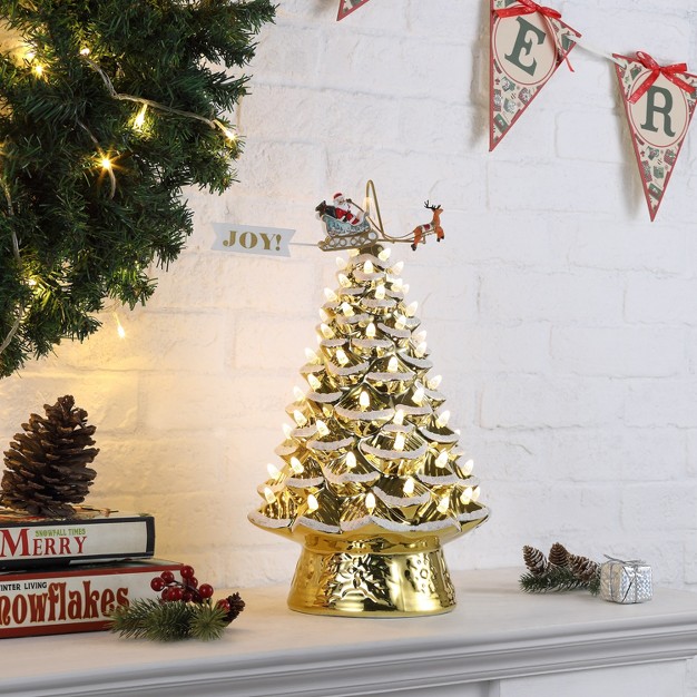 Lit Ceramic Tree With Animated Santa x27 s Sleigh Gold