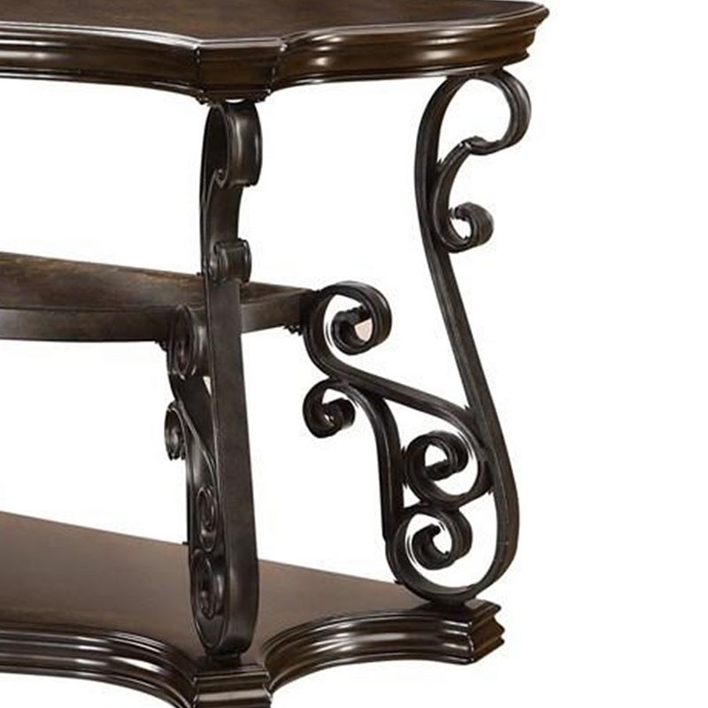 Traditional Solid Sofa Table With Glass Inset， Metal Scrolls and 2 Shelves， Brown