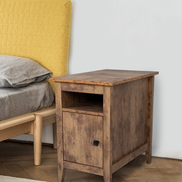 Set of 2 Wood Side Table， Narrow End Table with Cabinet and Shelf， 2-Tier Nightstand for mall Space， Rustic Brown