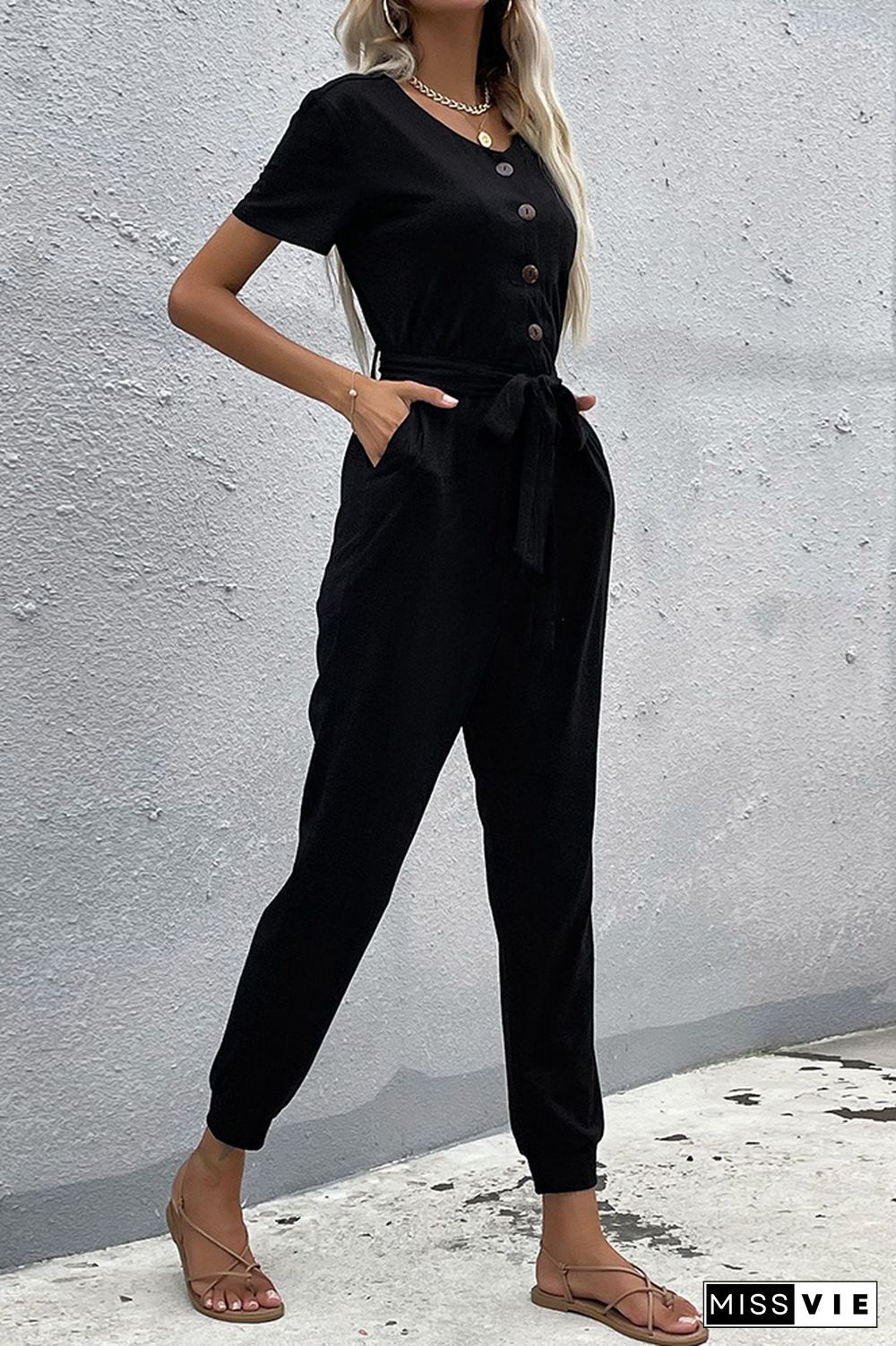 Black Short Sleeve Jumpsuit With Belt Wholesale