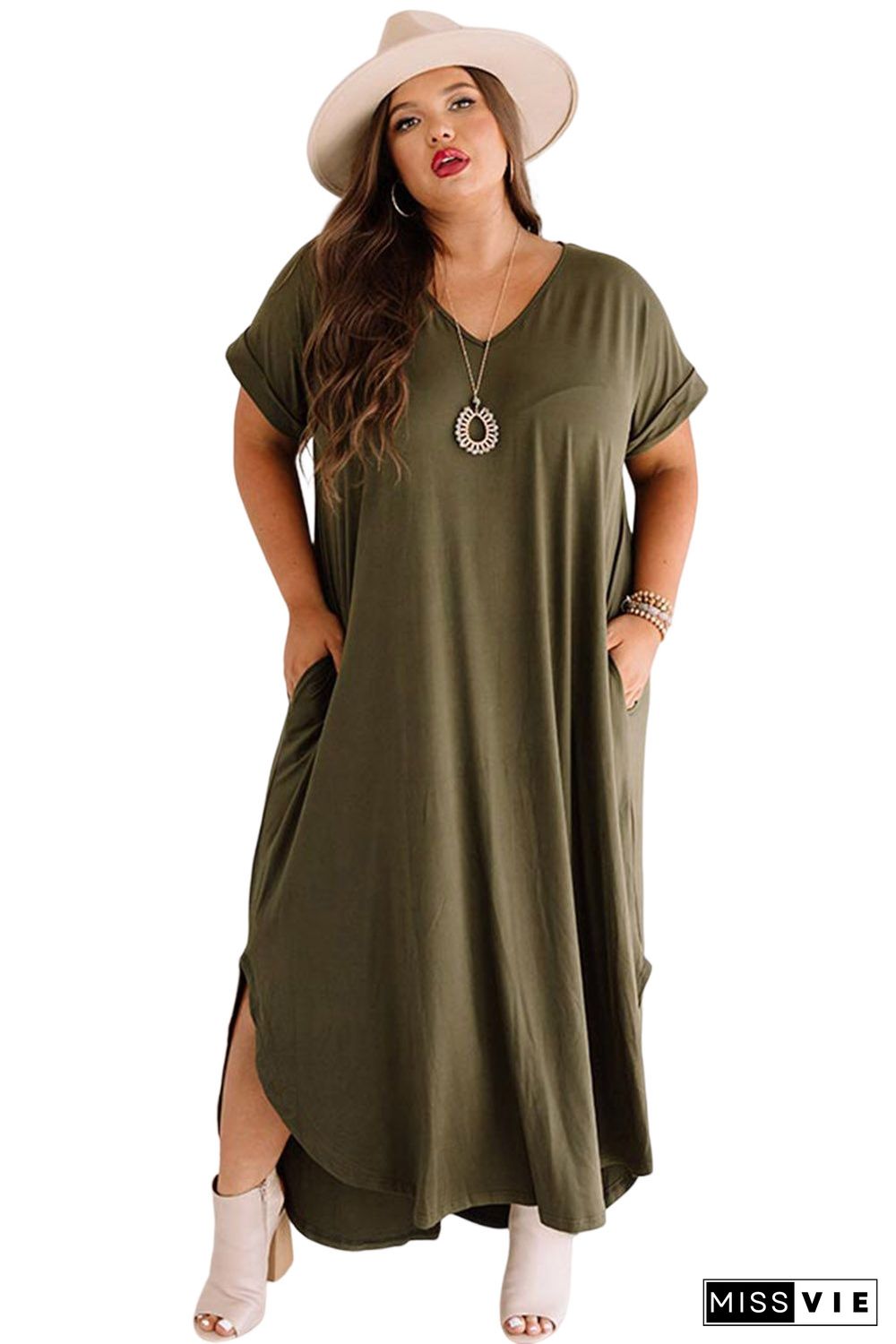 Green Plus Size V Neck Rolled Cuffs Maxi Dress