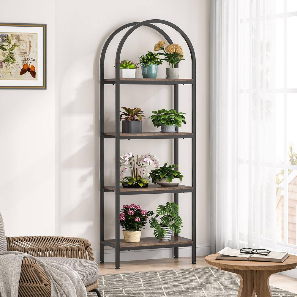 TRIBESIGNS WAY TO ORIGIN Jannelly 23.62 in. Brown Wood and Black Metal 4tier Radial Corner Shelves Bookcase Storage Rack Plant Stand HD-J0031-WZZ