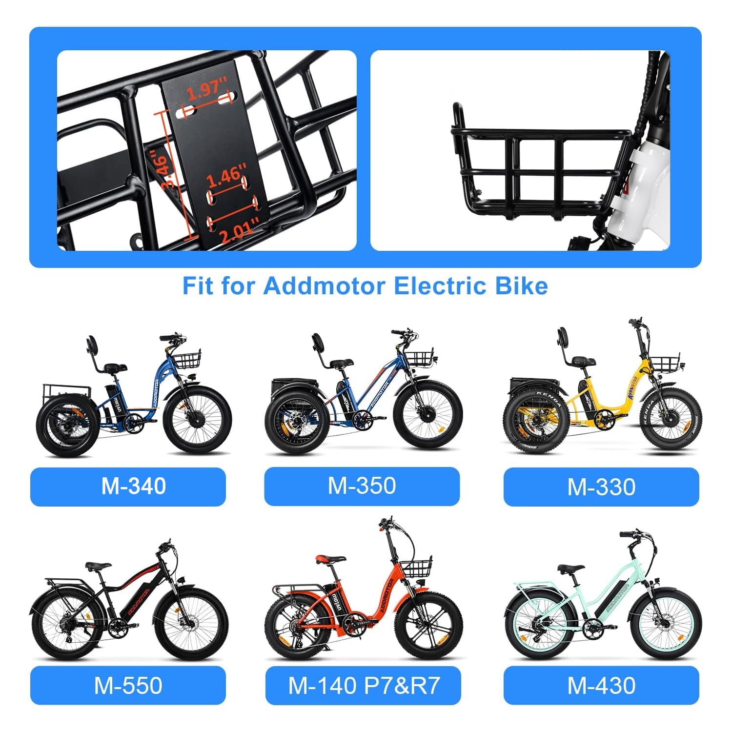 Addmotor Electric Bike Metal Front Basket， Bicycle Organizer for M-140/M-150/M-330/M-50/M-430/M-550/M-340