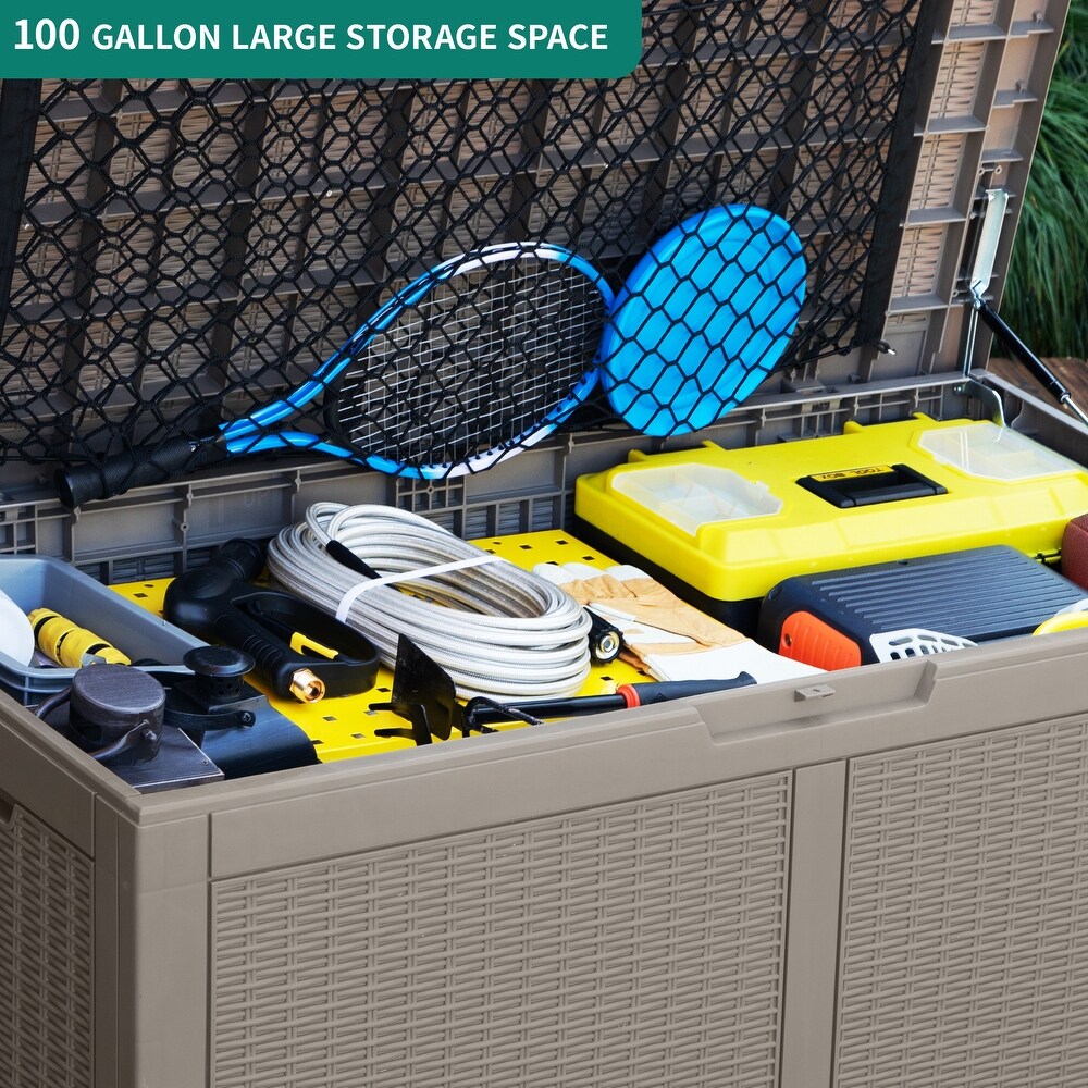 100 Gallon Large Resin Deck Box With Mesh Pocket   N/A