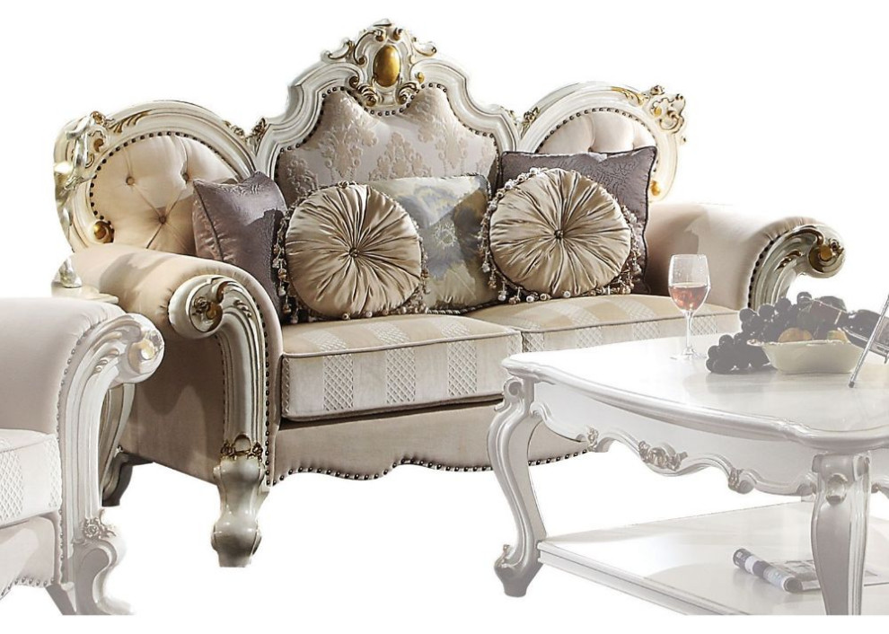 Acme Picardy Loveseat With 5 Pillows Fabric and Antique Pearl   Victorian   Loveseats   by AMOC  Houzz