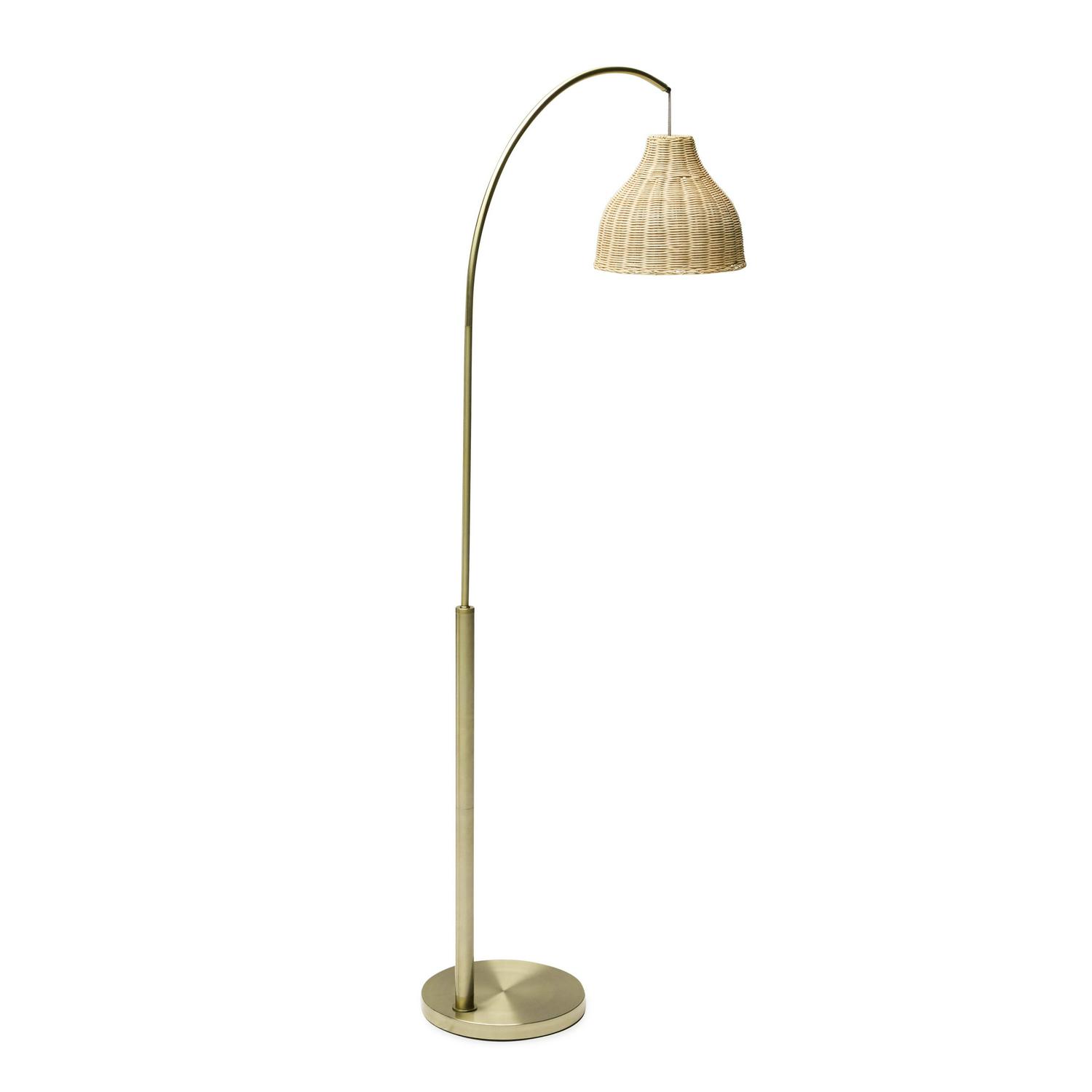 Arch Floor Lamp with Rattan Shade by Drew Barrymore Flower Home， Antique Brass