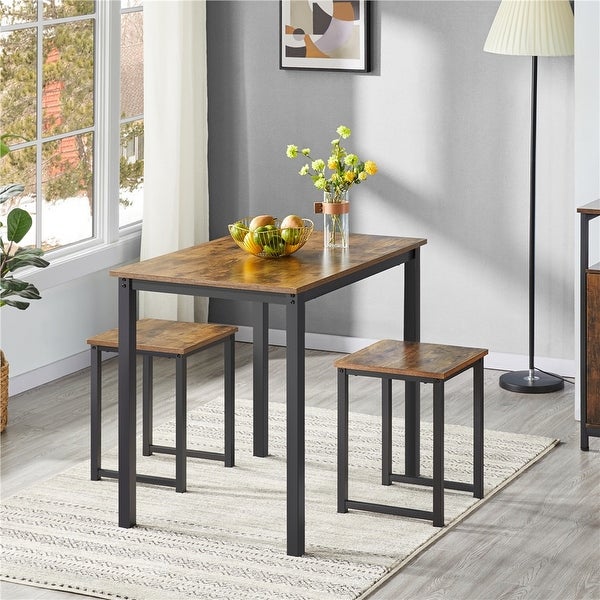 3-Piece Dining Set with Industrial Square Table and 2 Backless Chairs